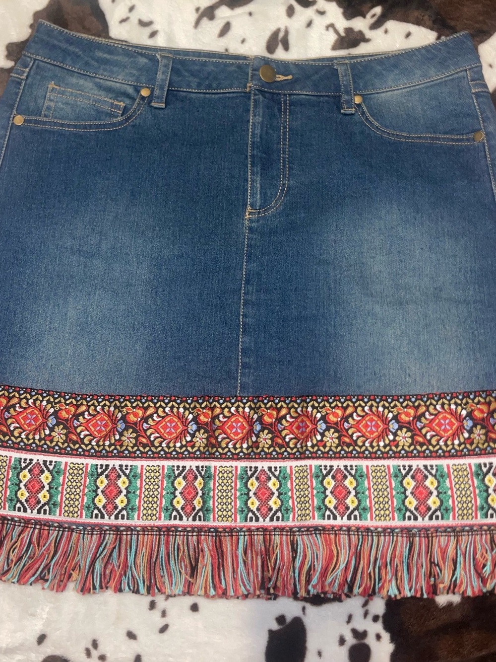 Denim Fringe Skirt with Embroidered Trim